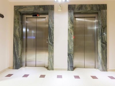 Two elevators in hotel lobby